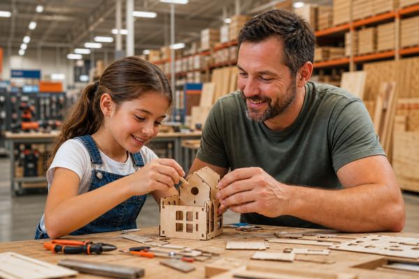 Young Girl and Father Building Wooden Craft Set at Store-1