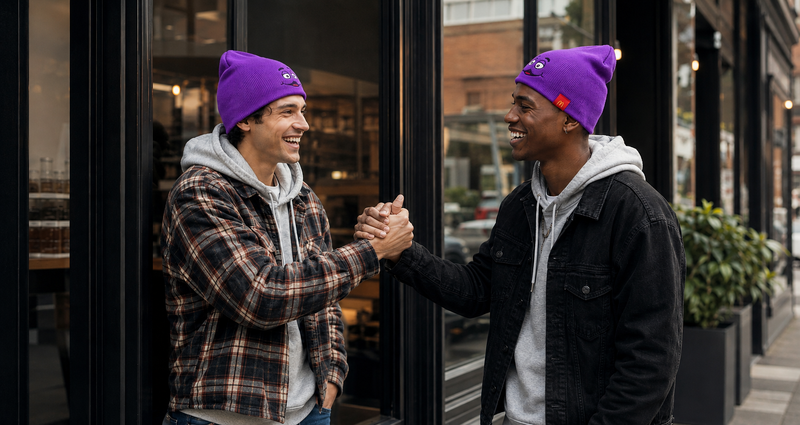Two men wearing McDonalds Grimace beanie designed by Novelli Two men wearing McDonalds Grimace beanie designed by Novelli