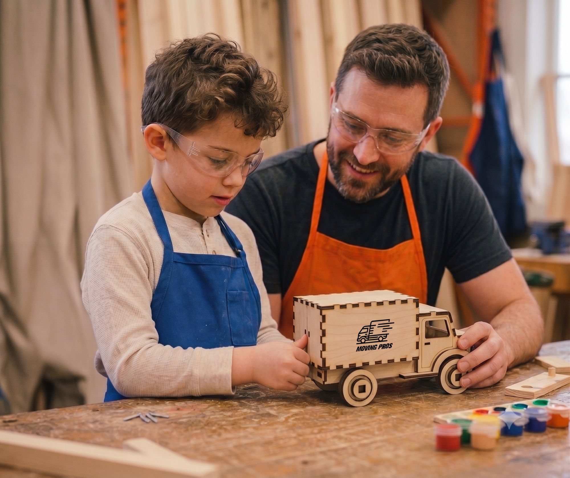 "Child building a custom branded wooden craft kit at an in-store retail kids workshop"